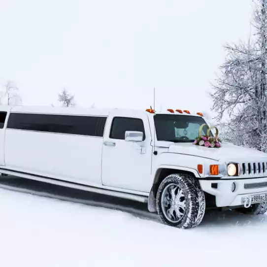 Luxury white hummer limos driving through the snowy forest.
