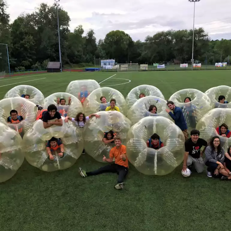 Happy customers after their bubble football game in Budapest.